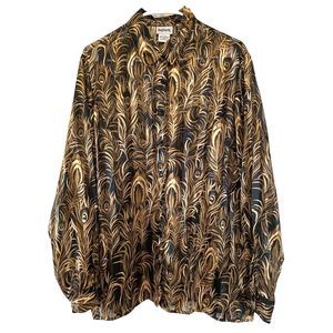 BonWorth Button-Up Sheer Shirt Womens L Collared Black Gold Floral Print VTG 70s